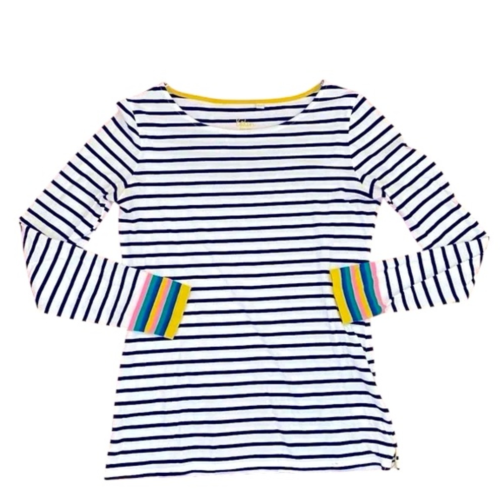 Boden White Navy Striped Long Sleeve Tee with Multicolor Cuff Detail